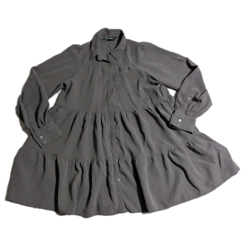 Zara Tiered Babydoll Dress Womens M Gray Button Front Long Sleeve‎ Flowy